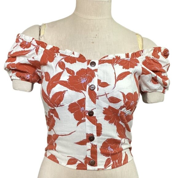 Monteau LA Cropped  Linen Blend Floral Top Smock Back Sz S #88N - Picture 1 of 9